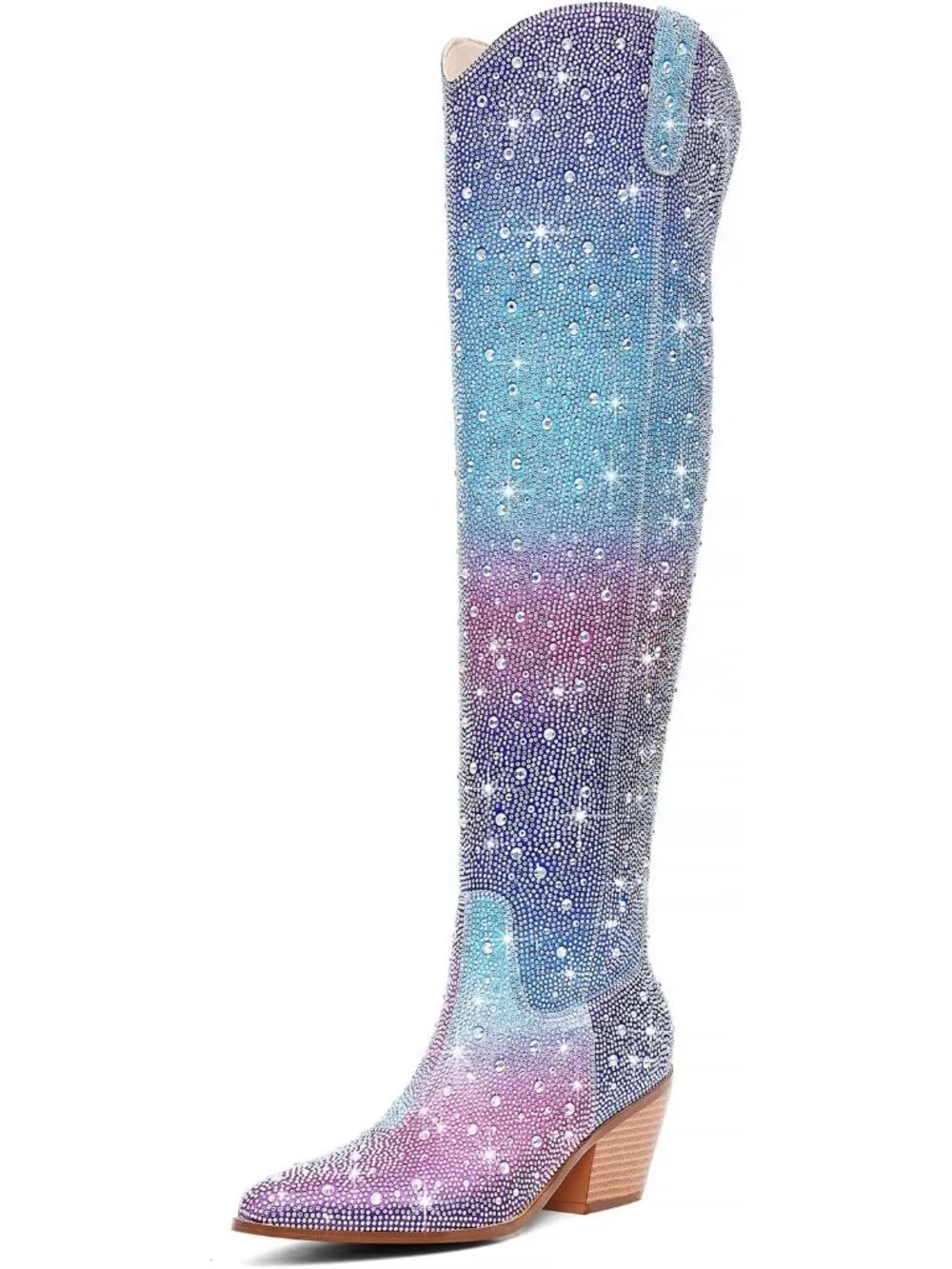 Women Blue Pink Rhinestone Sparkly Bling Cowgirl Side Zipper Over The Knee Boots